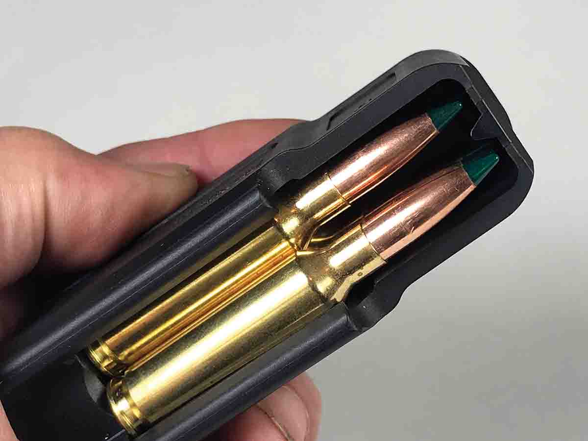 Blocked at the rear, the detachable polymer magazine holds five 6.5 Creedmoor cartridges. The magazine is large enough to hold .300 Winchester Magnum cartridges.